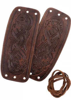 Armschützer aus Leder mit geprägtem Drachenmotiv, Jelling-Stil, Paar, dunkelbraun