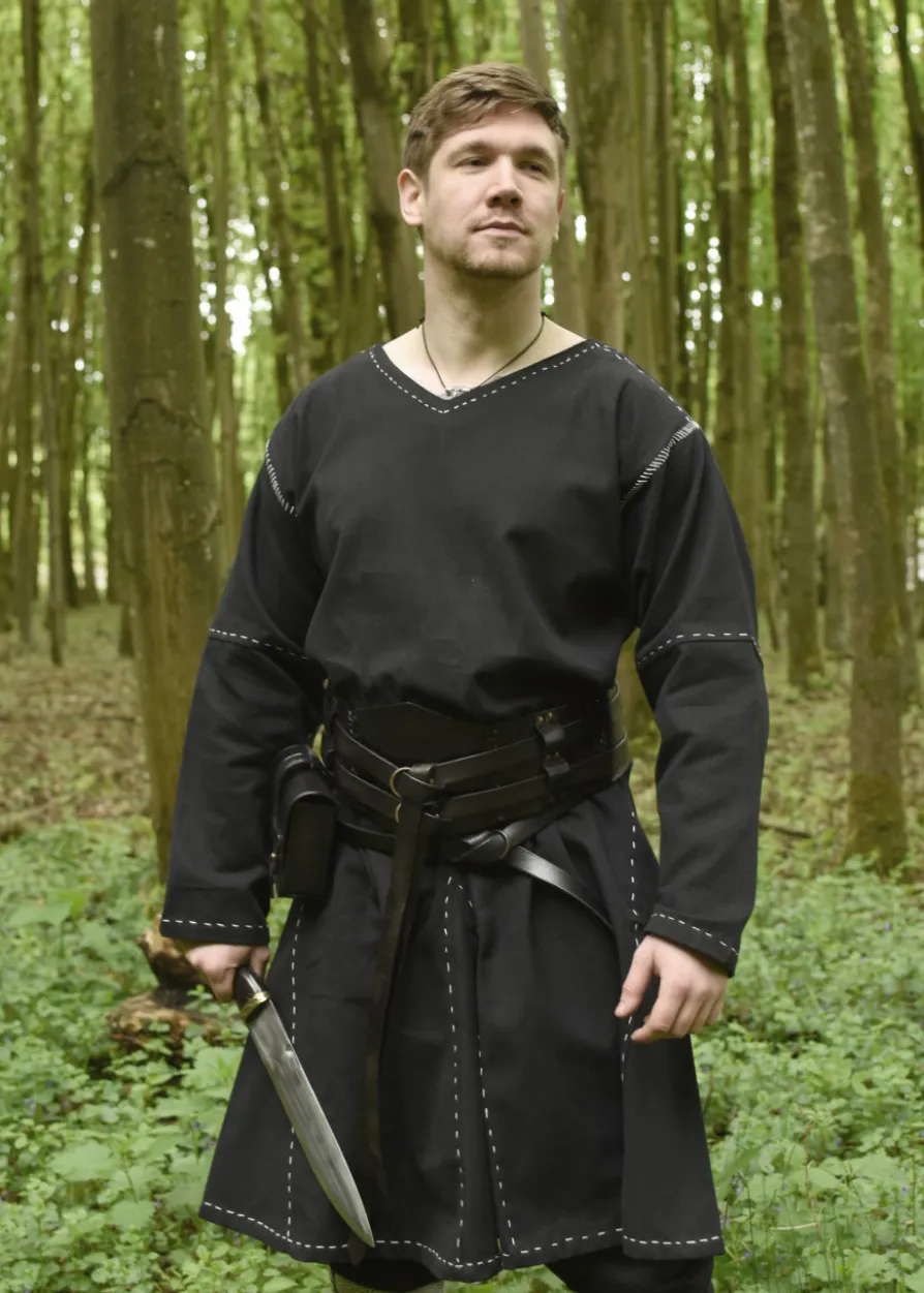 Breiter Ledergürtel, Doppelgürtel mit Flechtnaht, Unisex, schwarz