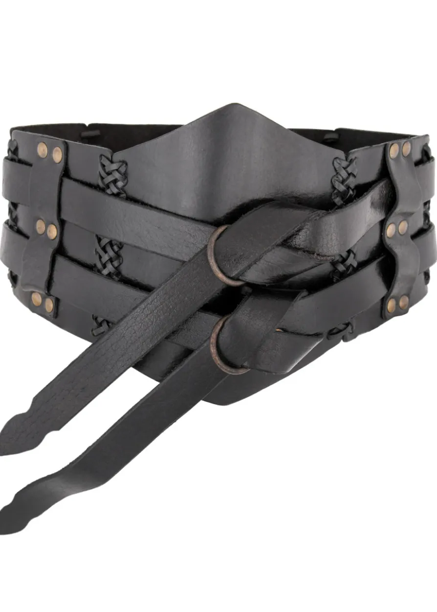 Breiter Ledergürtel, Doppelgürtel mit Flechtnaht, Unisex, schwarz