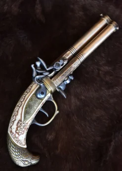 Dreiläufige Steinschloss-Pistole, Augsburg 1775, Messing, Replik