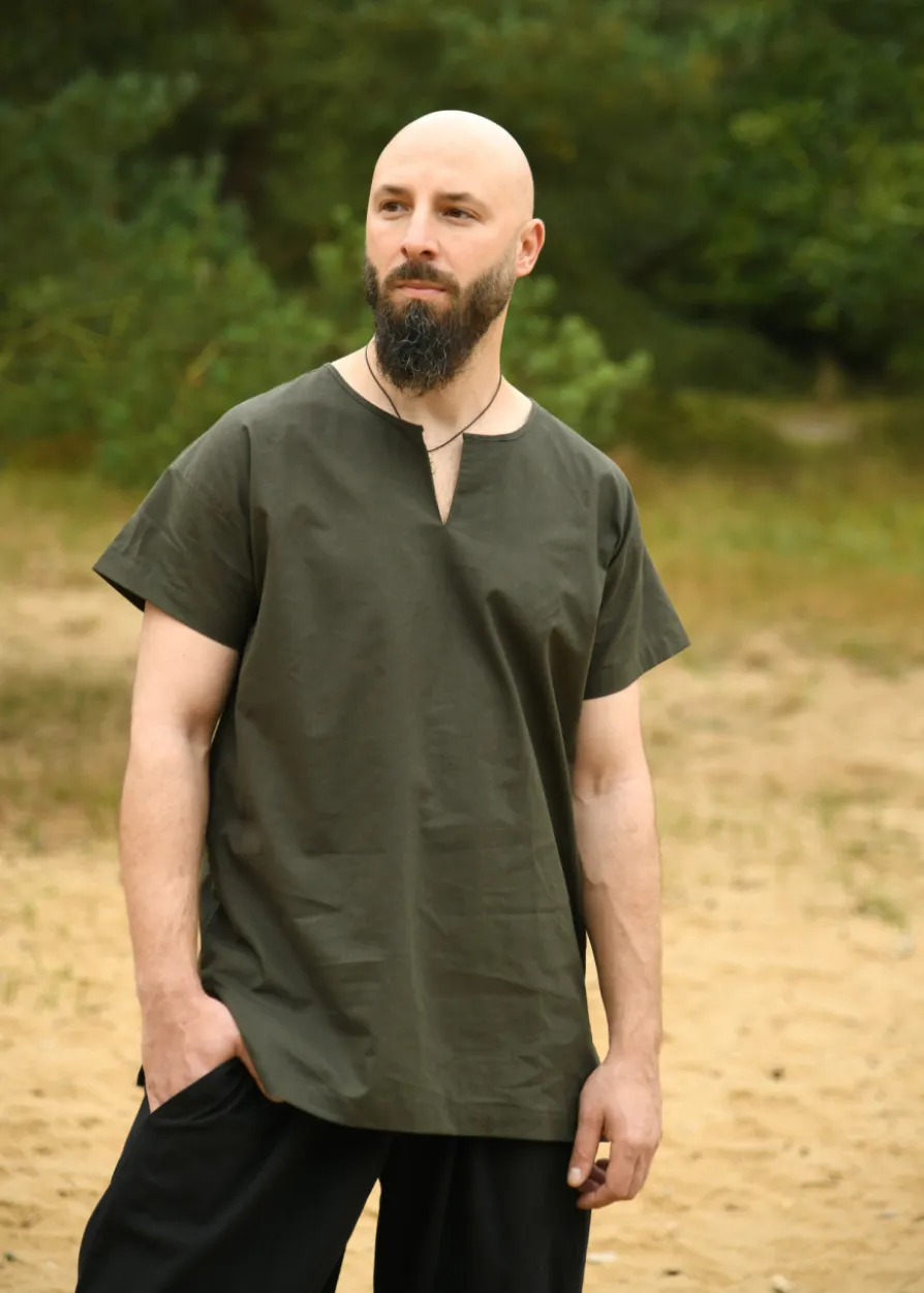 Einfache Mittelalter-Tunika Sigmund, kurzarm, olivgrün