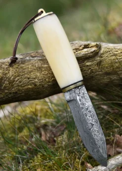 Gebrauchsmesser mit Knochengriff u. Lederscheide, Damaststahl