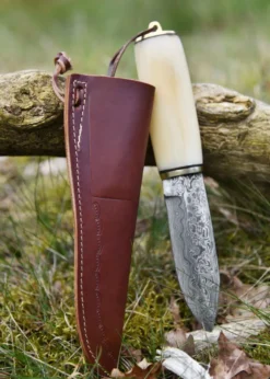 Gebrauchsmesser mit Knochengriff u. Lederscheide, Damaststahl
