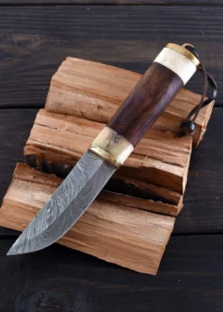 Gebrauchsmesser mit Knochen-/Holzgriff und Lederscheide, Damaststahl