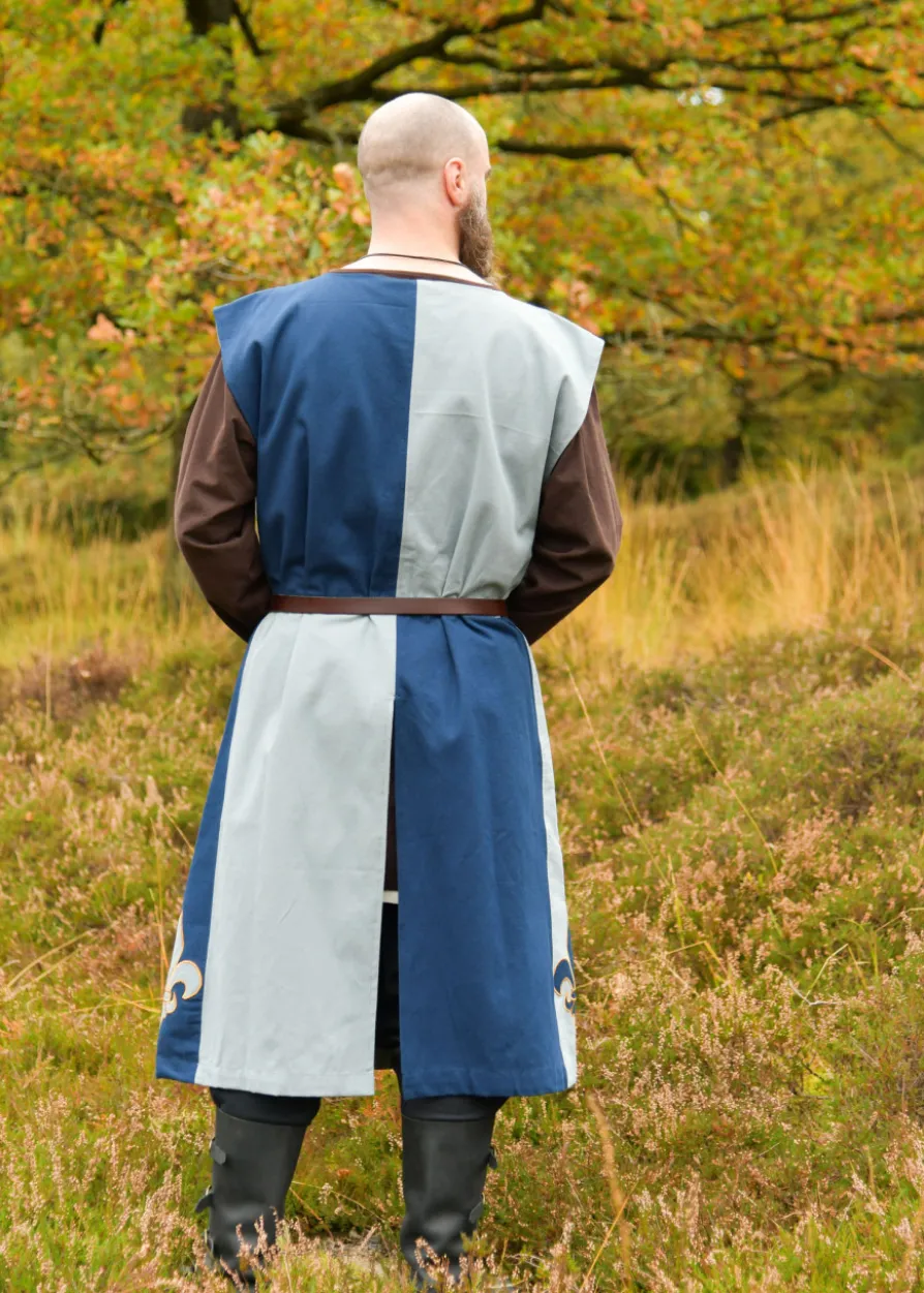 Gefütterter Mittelalter Wappenrock mit Lilie, Mi-Parti, blau - blaugrau