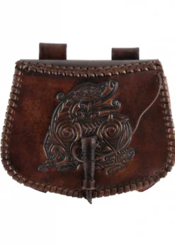 Gürteltasche aus Leder mit Drachen-Prägung, Braun