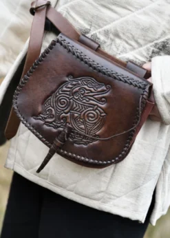 Gürteltasche aus Leder mit Drachen-Prägung, Braun