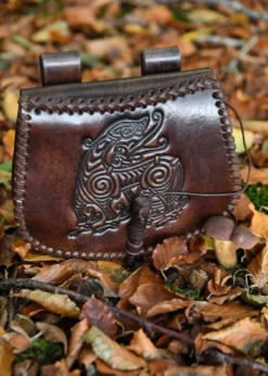 Gürteltasche aus Leder mit Drachen-Prägung, Braun