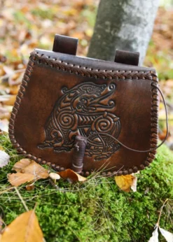Gürteltasche aus Leder mit Drachen-Prägung, Braun