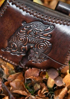 Gürteltasche aus Leder mit Drachen-Prägung, Braun