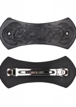Haarspange aus Leder in Riegelform mit Wikinger-Motiv & Metall-Clip