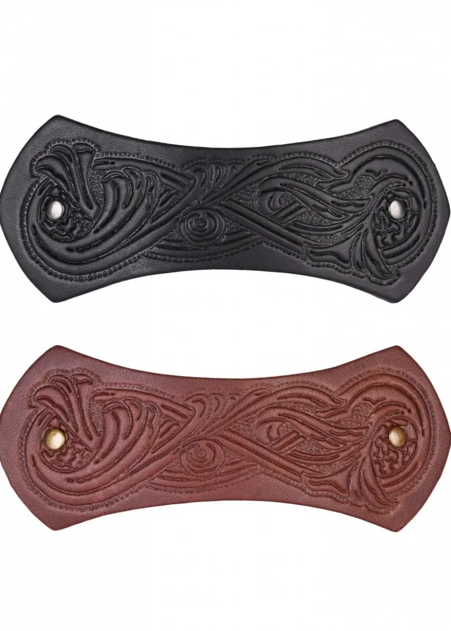 Haarspange aus Leder in Riegelform mit Mittelalter-Motiv & Metall-Clip