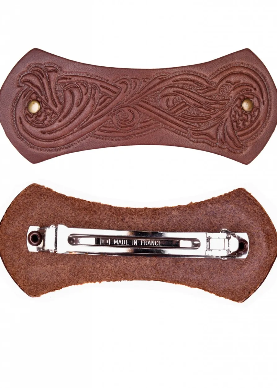 Haarspange aus Leder in Riegelform mit Mittelalter-Motiv & Metall-Clip