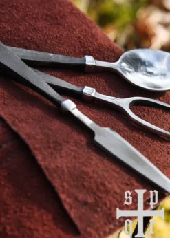 Handgeschmiedetes Mittelalter-Essbesteck, 3-teilig, inkl. Ledertasche