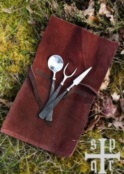 Handgeschmiedetes Mittelalter-Essbesteck, 3-teilig, inkl. Ledertasche
