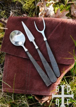 Handgeschmiedetes Mittelalter-Essbesteck, 3-teilig, inkl. Ledertasche