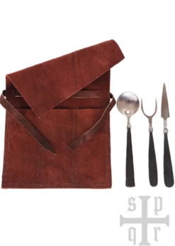 Handgeschmiedetes Mittelalter-Essbesteck, 3-teilig, inkl. Ledertasche