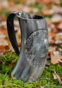 Hornbecher, Bierkrug mit Holzboden und Valknut-Motiv Nr. 2