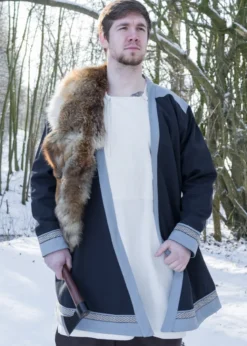 Klappenrock Bjorn, Wikinger-Mantel mit Borte, dunkelblau