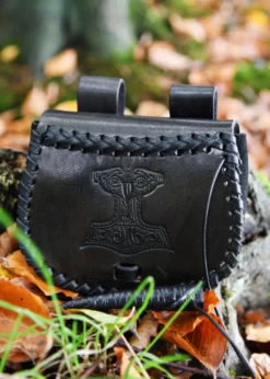 Kleine Gürteltasche aus Leder mit Thorshammer-Prägung, Schwarz