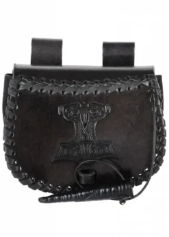Kleine Gürteltasche aus Leder mit Thorshammer-Prägung, Schwarz