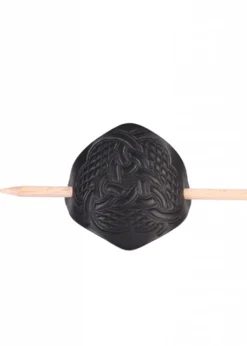 Kleine Haarspange aus Leder mit Knotenmuster & Holzstift