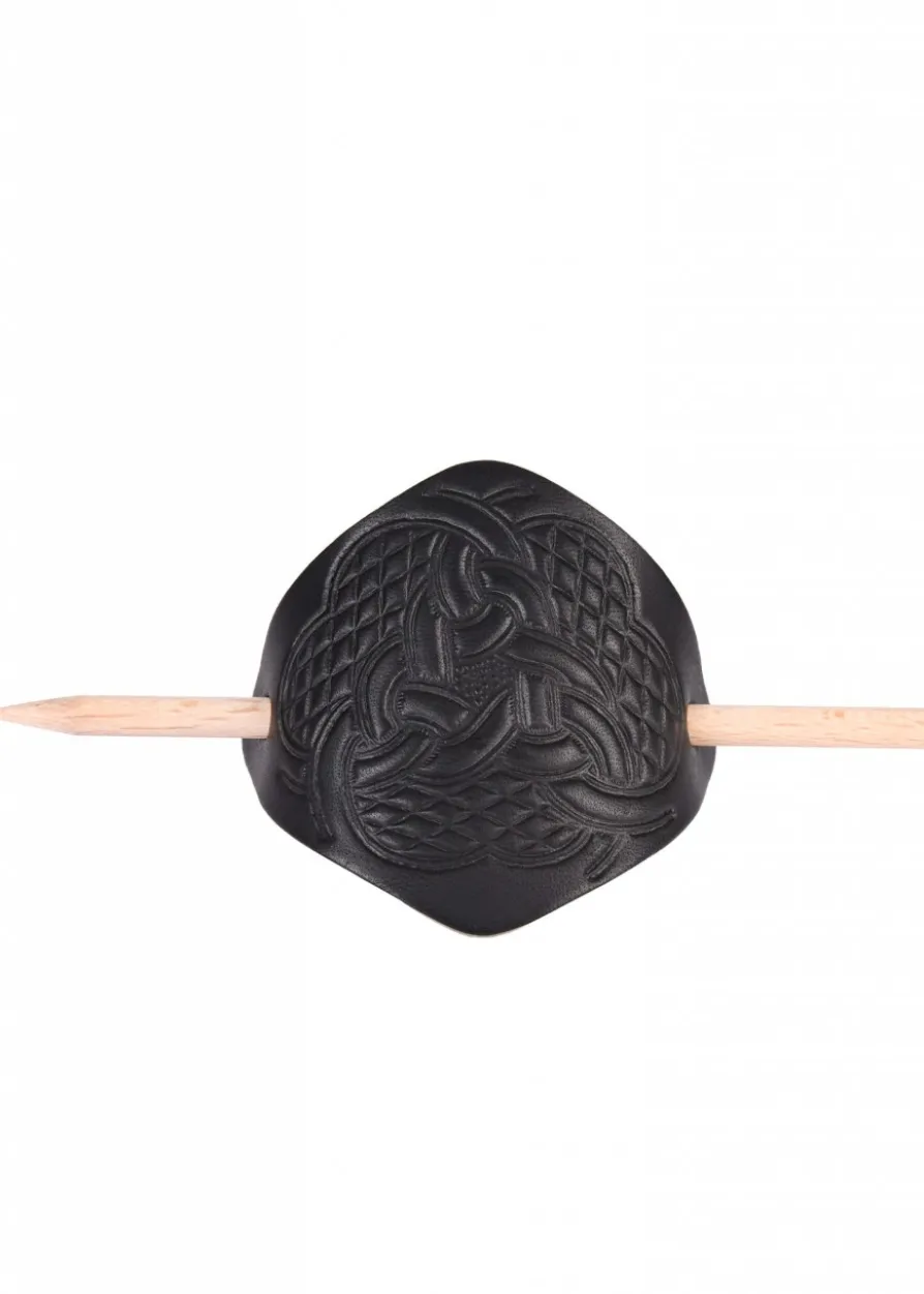 Kleine Haarspange aus Leder mit Knotenmuster & Holzstift