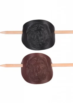 Kleine Haarspange aus Leder mit Wikinger-Motiv & Holzstift