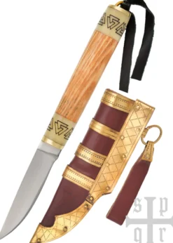 Kleines Wikinger-Messer Birka, Karbonstahl, Holz-/Knochengriff mit Valknut-Motiv