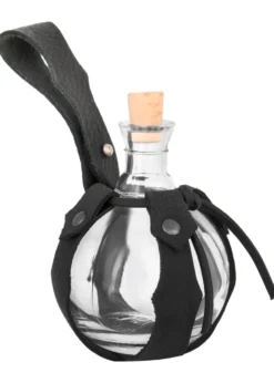 Kugel-Feldflasche aus Glas mit Gürtelhalter aus Leder