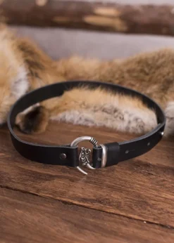 Ledergürtel, Schwarz mit Wolfskopf, Schnalle silberfarben