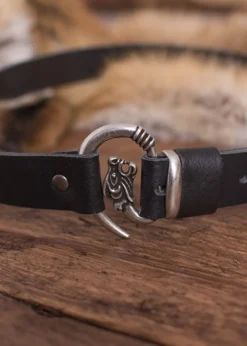 Ledergürtel, Schwarz mit Wolfskopf, Schnalle silberfarben