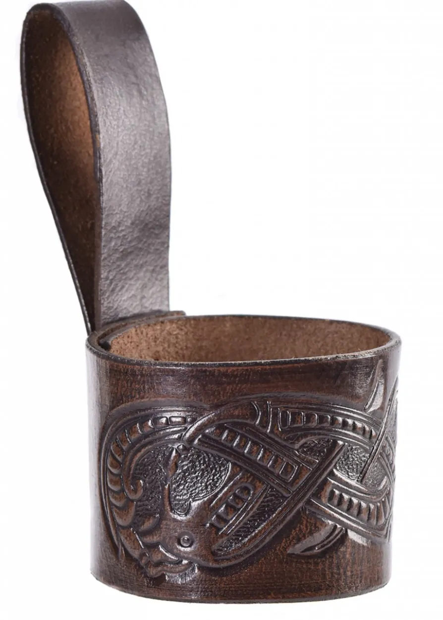 Leder Hornhalter für Trinkhorn, geprägter Drache, Jelling-Stil, dunkelbraun