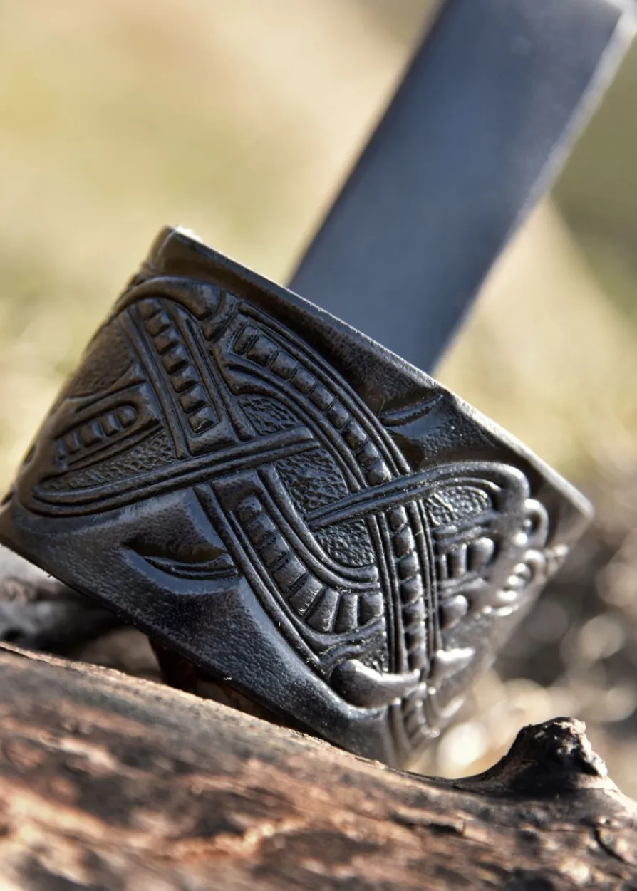 Leder Hornhalter für Trinkhorn, geprägter Drache, Jelling-Stil, schwarz