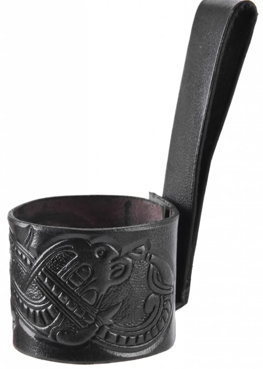 Leder Hornhalter für Trinkhorn, geprägter Drache, Jelling-Stil, schwarz