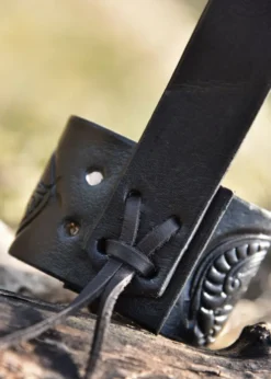 Leder Hornhalter für Trinkhorn, geprägter Drache, Jelling-Stil, schwarz