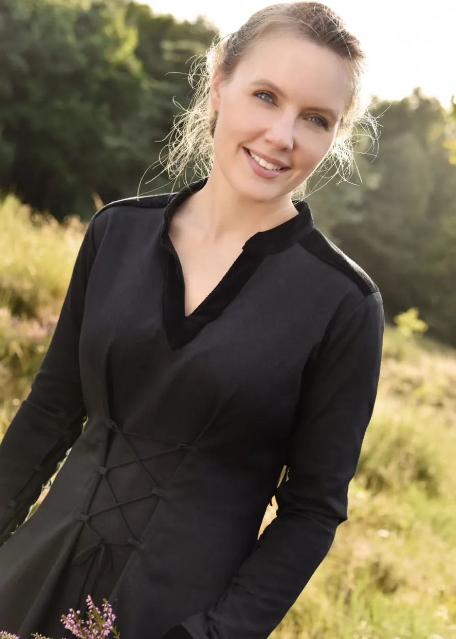 Mittelalterkleid Meira mit Samt-Details, schwarz, Kleid, Samtkleid