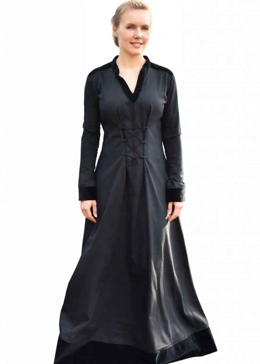 Mittelalterkleid Meira mit Samt-Details, schwarz, Kleid, Samtkleid