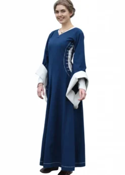 Mittelalterkleid mit Höllenfenstern, Bliaut Amal, blau/natur