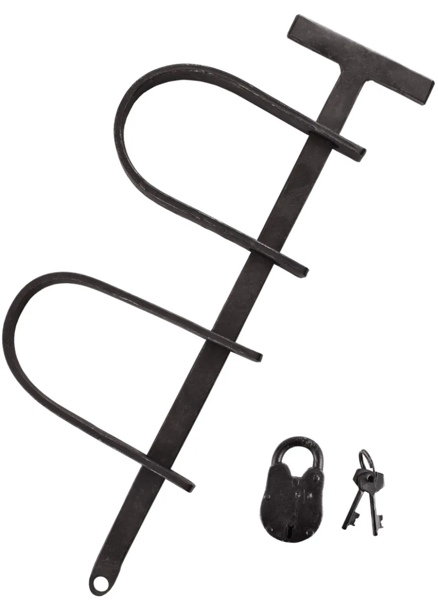 Mittelalterliche Handschellen aus Stahl mit kleinem Vorhängeschloss