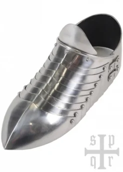 Mittelalterliche Sabatons, Panzerschuhe, 14. Jh., 1,5 mm Stahl, Paar