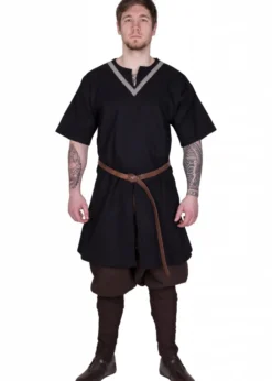 Mittelalter-Tunika Ailrik mit Bordüre, kurzarm, schwarz