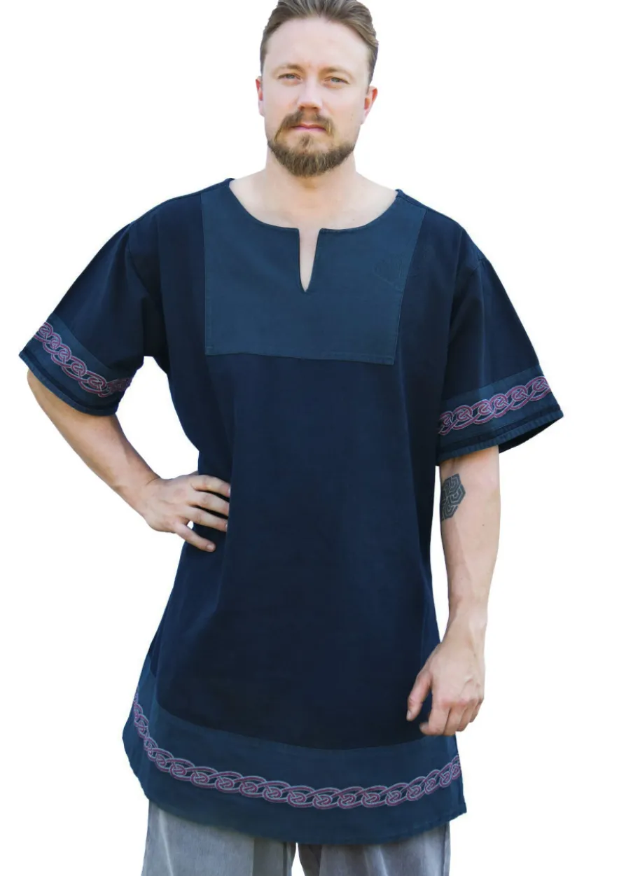 Mittelalter Tunika Egil mit Stickerei, Used-Look, blau