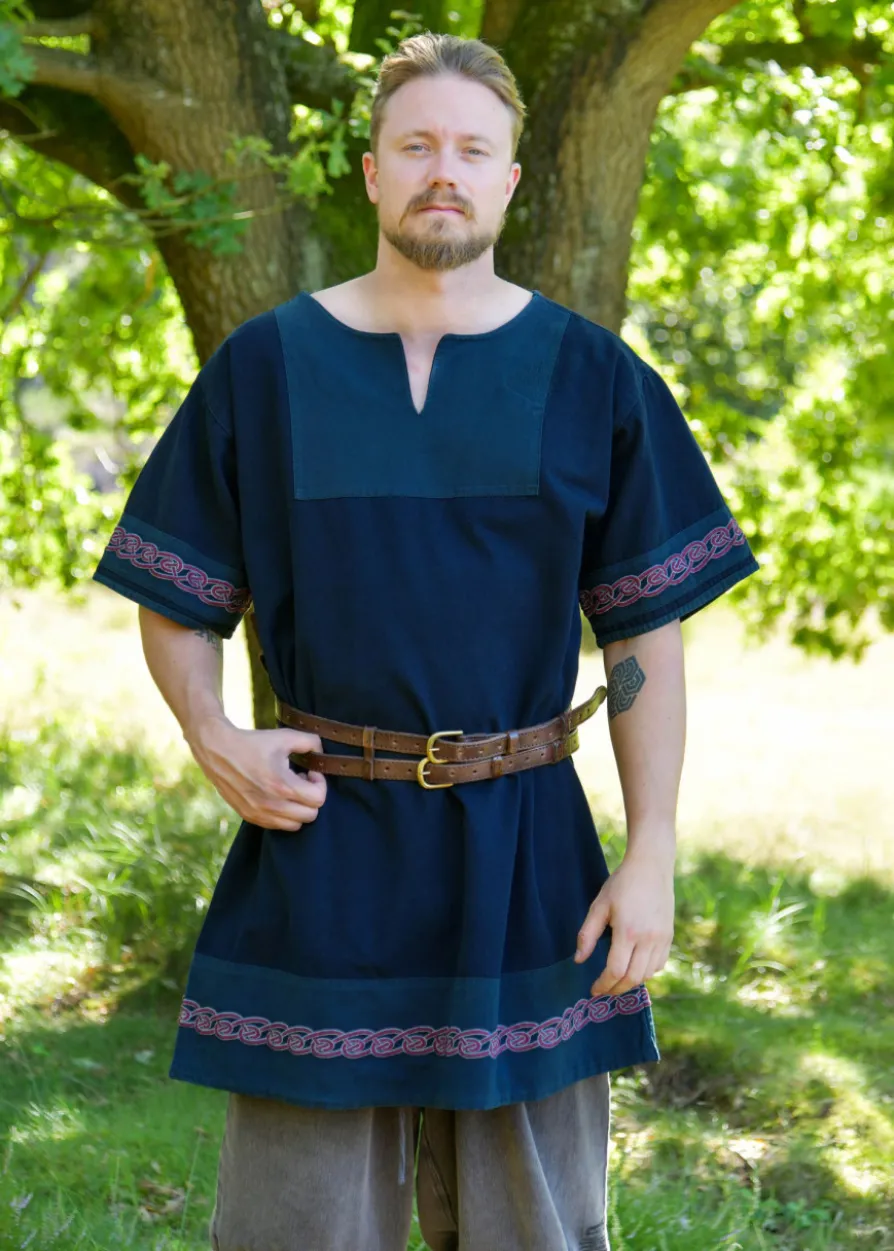Mittelalter Tunika Egil mit Stickerei, Used-Look, blau