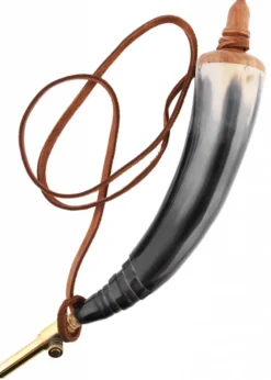 Pulverhorn mit Absperrhahn aus Messing und Lederband