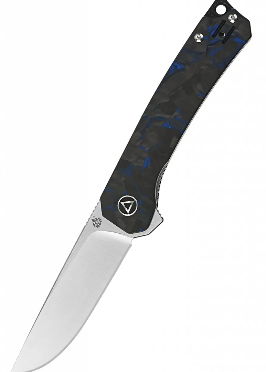 Taschenmesser Osprey, Satinierte Klinge, shredded CF overlay G10 Griff, blau