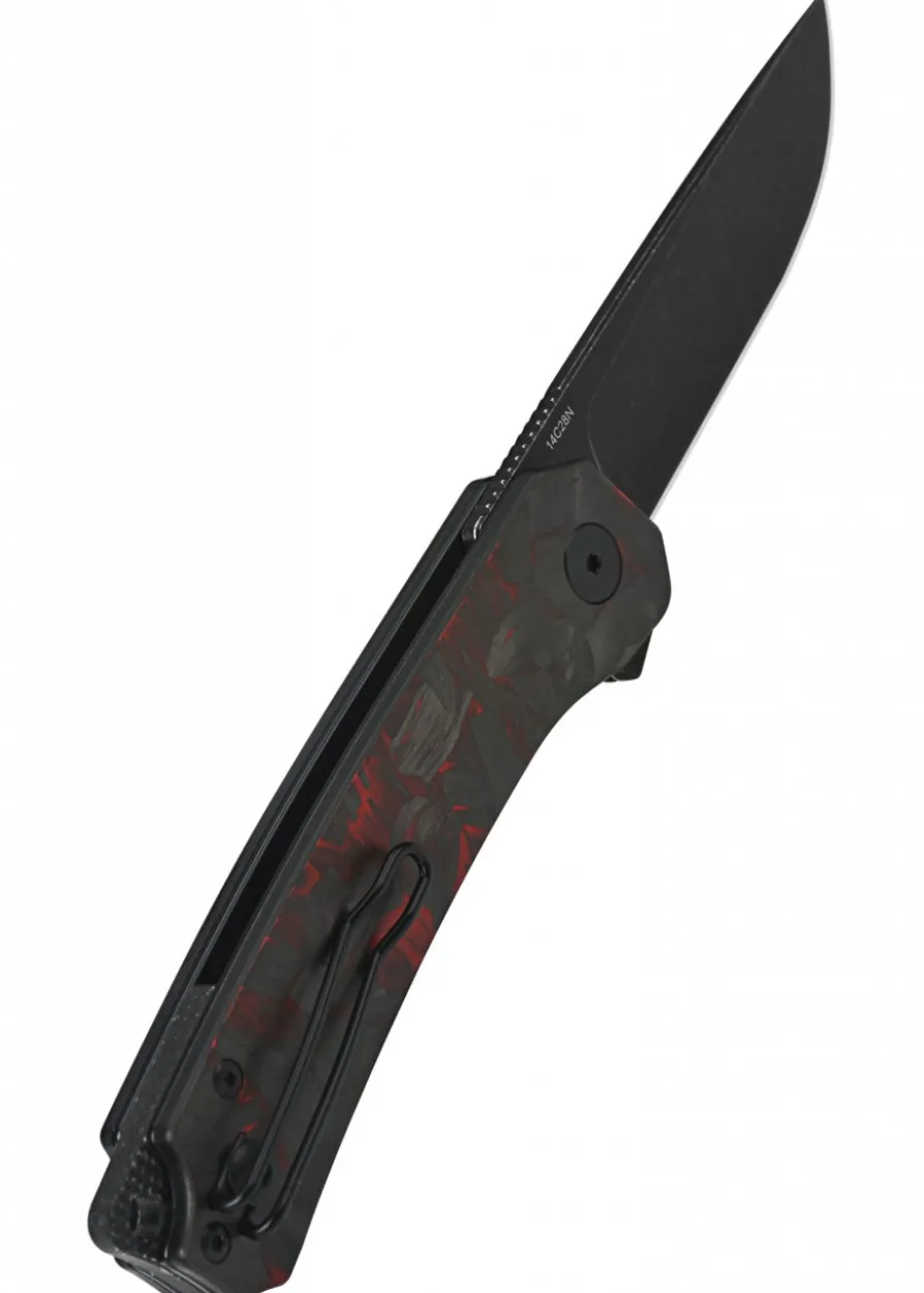 Taschenmesser Osprey, Schwarze stonewashed Klinge, shredded CF overlay G10, rot