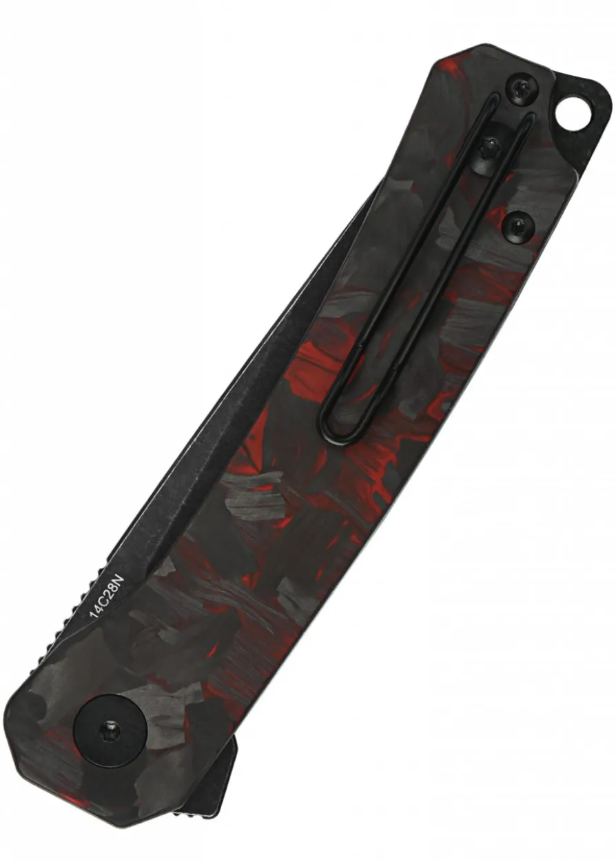 Taschenmesser Osprey, Schwarze stonewashed Klinge, shredded CF overlay G10, rot
