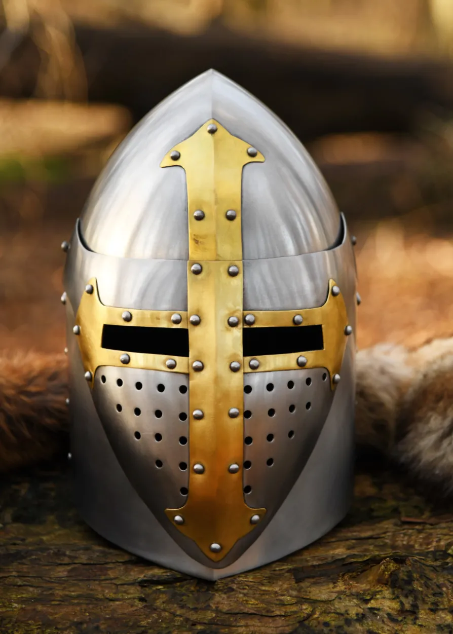 Topfhelm mit klappbarem Visier, 1,6 mm Stahl, poliert