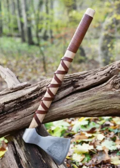 Wikinger-Axt aus Stahl, gegossen, Typ F, mit Gravur und Lederwicklung